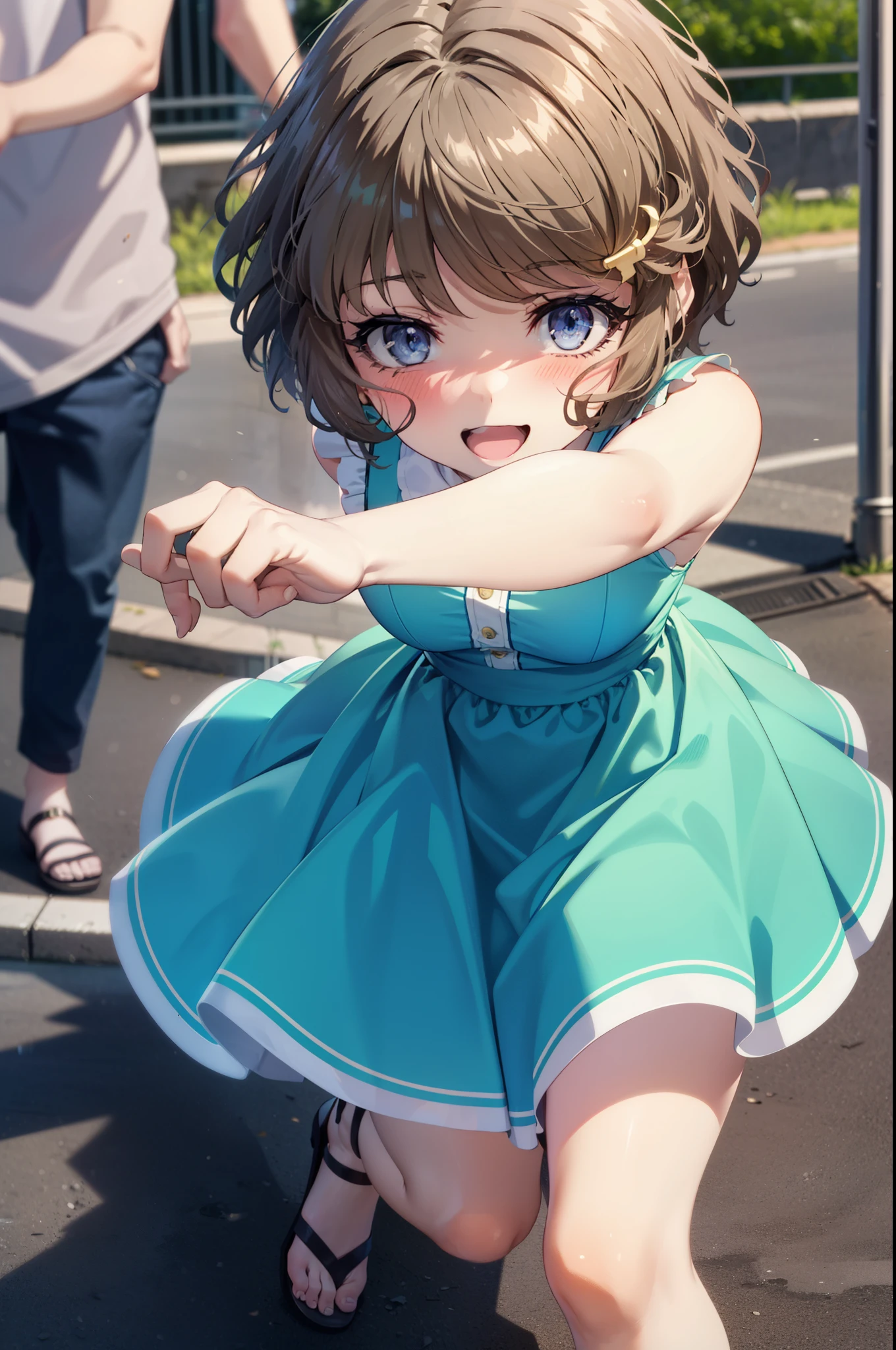 tomoekoga, Chie Koga, short hair, Brown Hair, blue eyes, Hair Clip,happy smile, smile, Open your mouth,Blue sleeveless dress,Blue long skirt,Cute Sandals,Bare arms,whole bodyがイラストに入るように,Walking,Daytime,Clear skies,
break outdoors, In town,Building district,
break looking at viewer, whole body,
break (masterpiece:1.2), highest quality, High resolution, unity 8k wallpaper, (figure:0.8), (Beautiful fine details:1.6), Highly detailed face, Perfect lighting, Highly detailed CG, (Perfect hands, Perfect Anatomy),