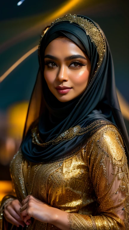 A Malay goddess in a black hijab and a gold lace veil, night, full moon, stars, fireflies, ((ultra sharp, high quality, masterpiece)), detailed detail, close up,