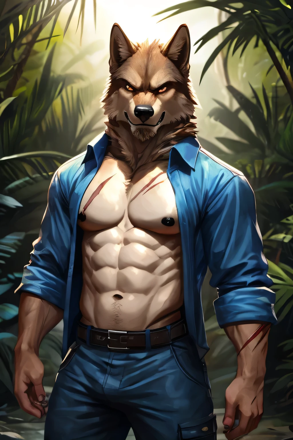 Masterpieces, furry, male, Anthropomorphic, full body, old age, rugged, brown wolf, proper fit body type, slender body type, Delicate eyes, white goatee, white fur, glistening body, tan skin, criminal, depth of field, warm lighting, bright lighting, (best quality),(masterpiece),(ultra detailed), sharp focus, jungle background, fierce look, evil grins, scars, glossy, oiled up skin, open blue army shirt, dark blue camo pants, toned six packs, sharp black nipples