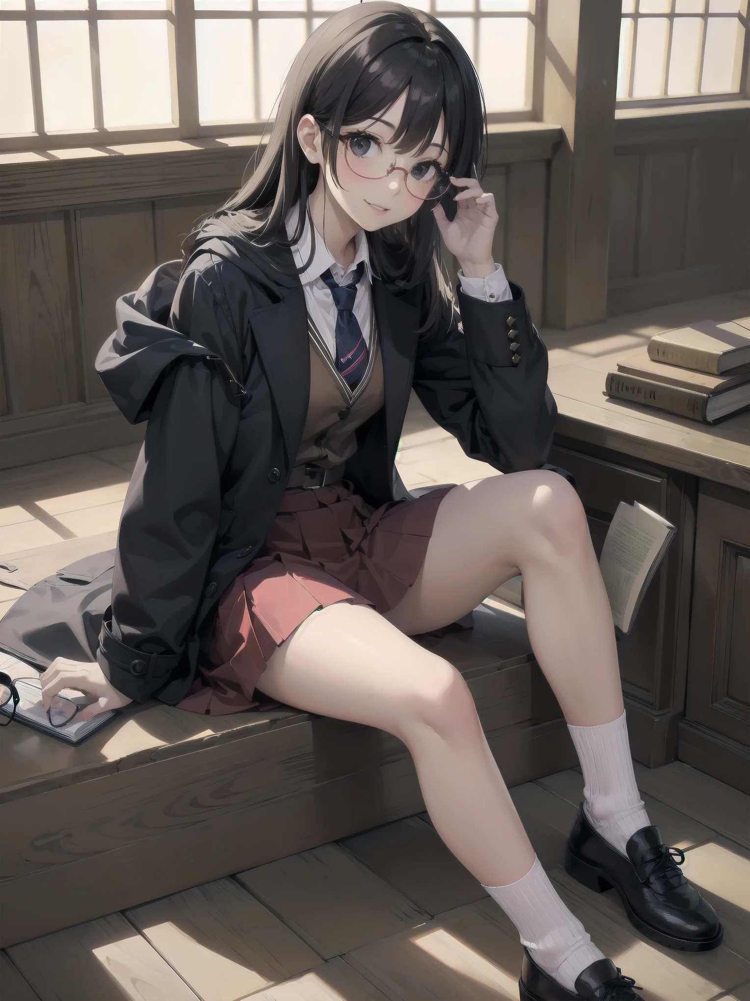 1girl, solo, looking at viewer, smile, skirt, black hair, sitting, , parted lips, necktie, glasses, socks, indoors, black eyes, coat, book, cosplay, window, red skirt, black socks, round eyewear, adjusting eyewear, hogwarts