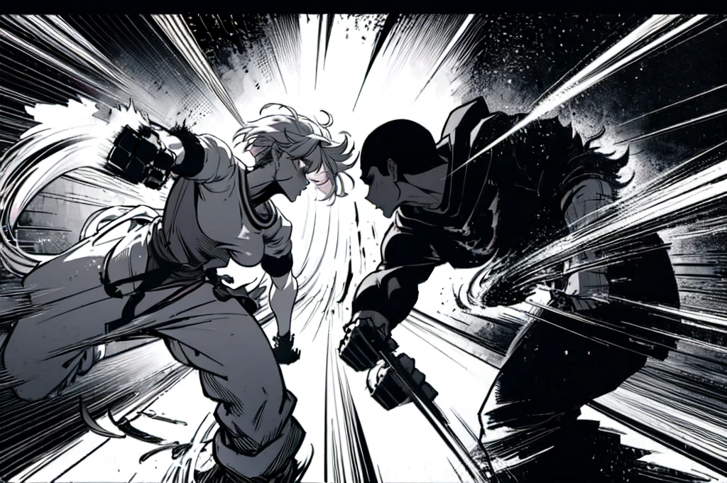 masterpiece,best quality,shadowboxing、Heavy fists, powerful explosive power, dynamic lines,uppercuts,Rough action lines,ferocious expression,Monochrome、Shadow、Ninja、perfect girl,flames attached to the body, fight、glowing amber eyes,perfect detailed lighting,messy hair,punch,Cross Counter (The screen shattering effect appears where the fist strikes) fight scene