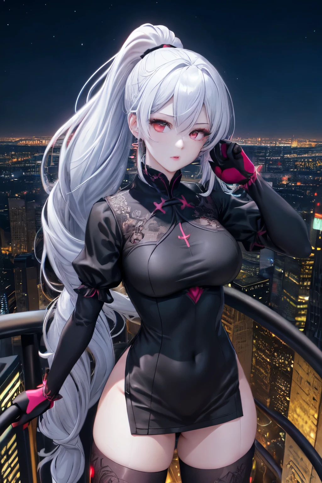 anime, (artwork, best quality, ultra-detailed, high contrast), 1 woman (Alone, full body, plus size body, standing on the edge of the skyscraper, silver hair, LONG In a ponytail, red eyes (detailed eyes), passionate expression, red lips (perfect lips), ruby sparkles, (simple black qipao), high heel boots black cybernetics with neon pink), transparent black socks), (skyscraper roof, overlooking a city, detailed background ((night time, Darkness, low light pollution))) face in close