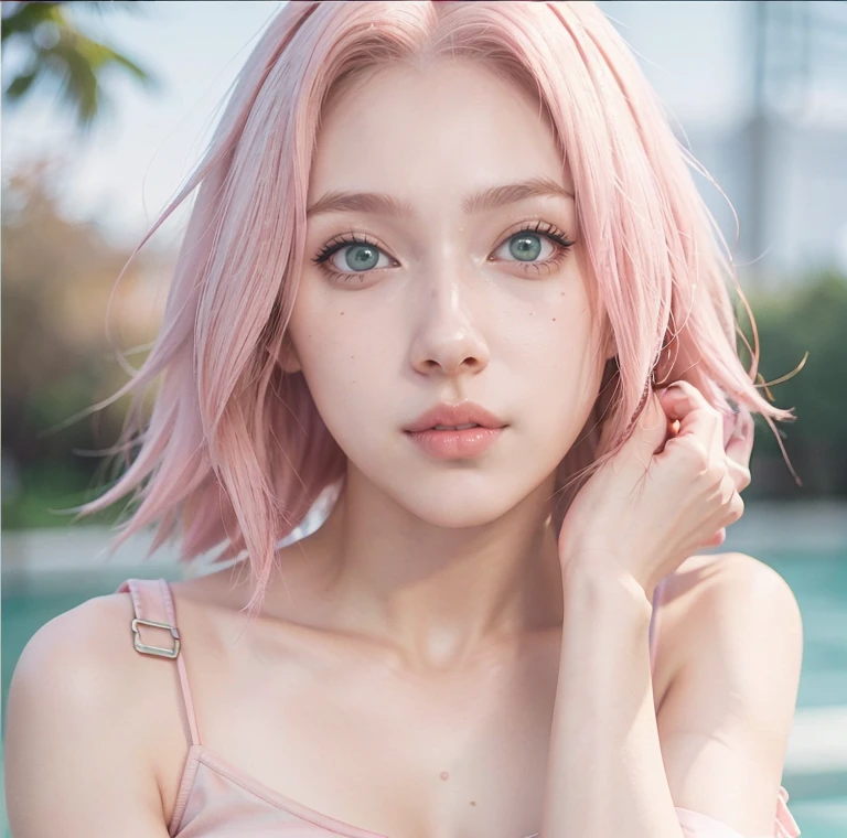young woman, short shoulder-length pink hair, wide forehead, porcelain skin, pink eyebrows, big emerald green eyes, buttoned nose, full lips, heart-shaped face, slender body, small breasts, red tank top, Sakura Haruno , realistic, realism, details, 3d, well detailed
