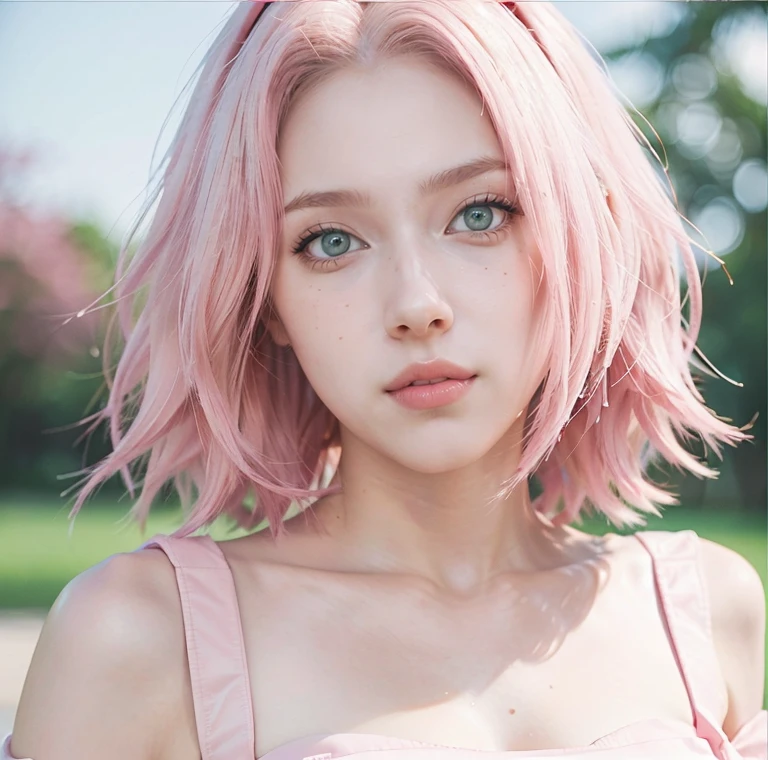 young woman, short shoulder-length pink hair, wide forehead, porcelain skin, pink eyebrows, big emerald green eyes, buttoned nose, full lips, heart-shaped face, slender body, small breasts, red tank top, Sakura Haruno , realistic, realism, details, 3d, well detailed
