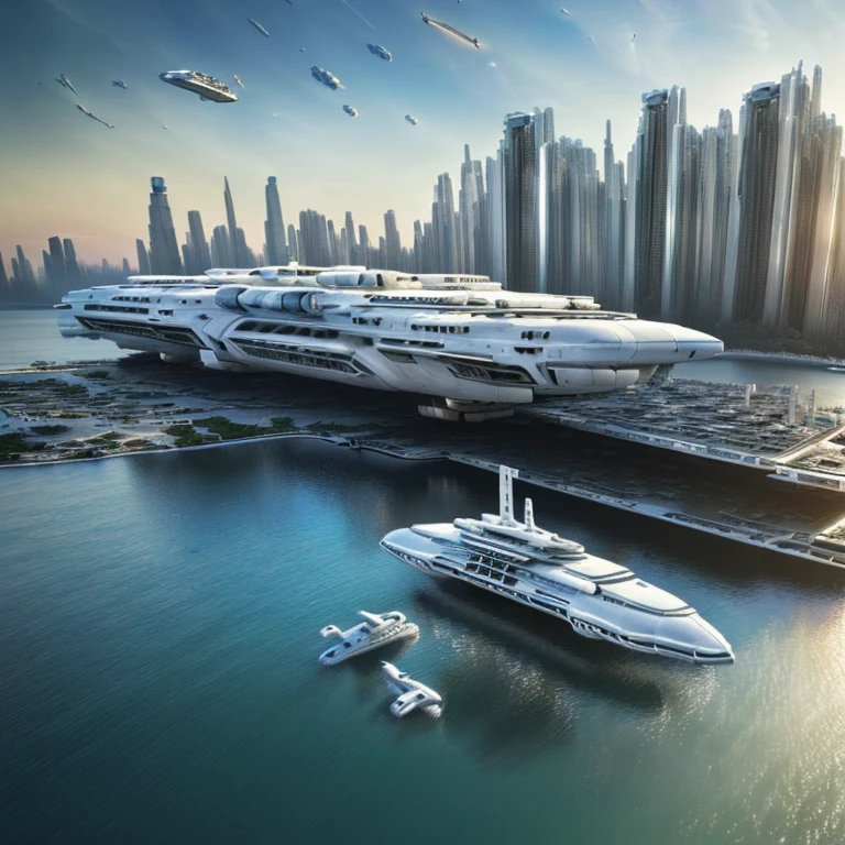 masterpiece, Best Quality, Photo-realistic, RAW data, Ultra-detailed, High resolution, professional bright lighting, (spaceship of ivory color, luxury liner of space ship, :1.5) (spaceship floating on a future city, skyscraper, :1.8) future, SF, fantasy, super civilization, square frame, outer limit of human imagination, for music album jacket, 