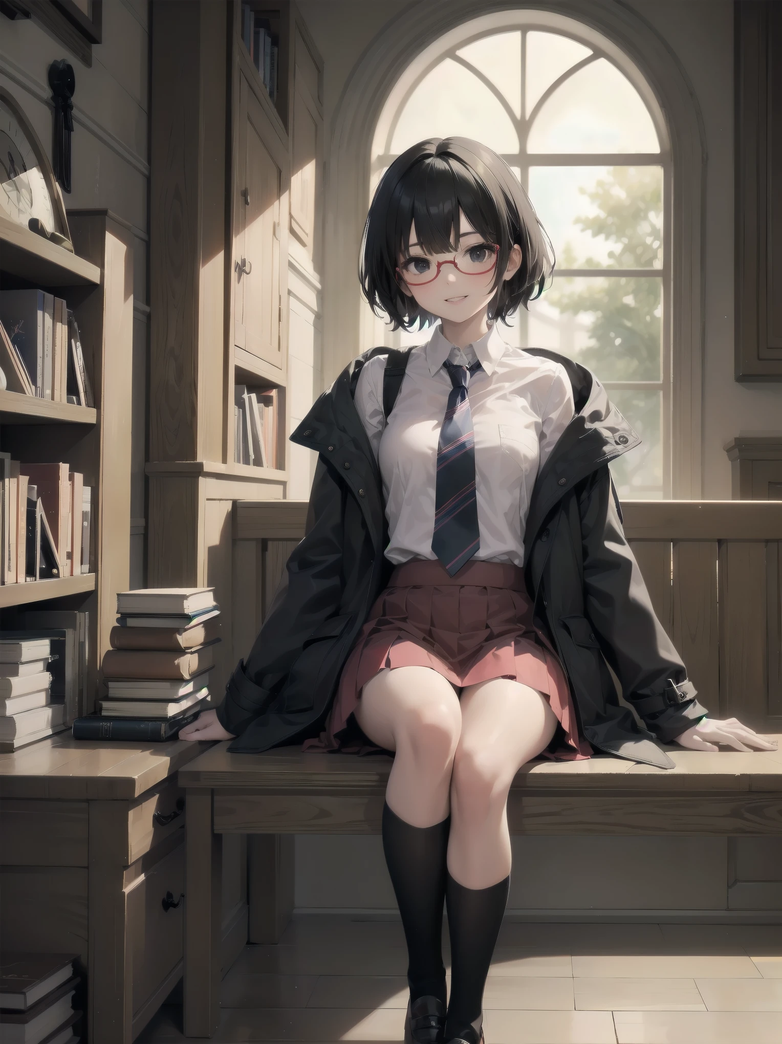 1girl, solo, looking at viewer, smile, skirt, black hair, sitting, , parted lips, necktie, glasses, socks, indoors, black eyes, coat, book, cosplay, window, red skirt, black socks, round eyewear, adjusting eyewear, hogwarts