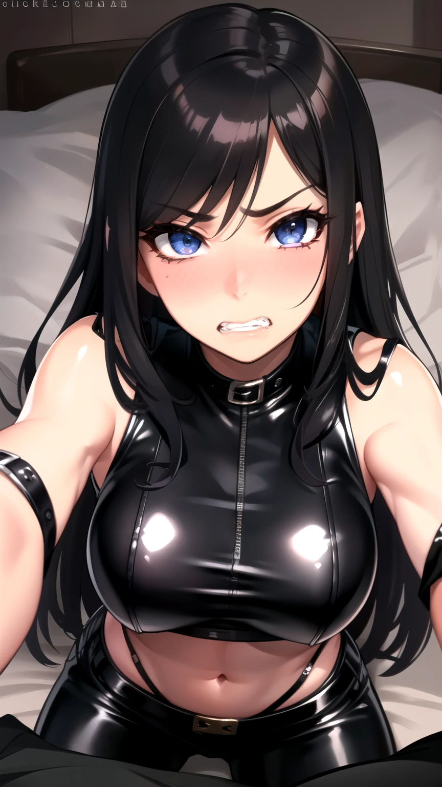 clenched teeth, blushed, solo, laura_kinney, black Leather top cropped, Sleeveless, blacks leather pants, long gloves , mature women , lying on bed,
(insanely detailed, beautiful detailed face, beautiful detailed eyes, masterpiece, best quality), solo, 1boy, pov, missionary, pov make out the girl,
 