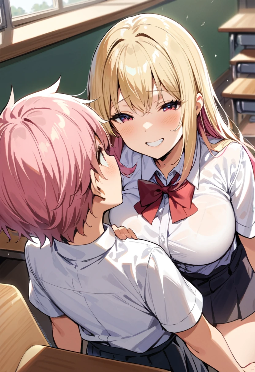 masterpiece, best quality, highres,Very Aesthetic, 1girl, (1boy,a ),,age difference,bowtie,blonde hair,breasts,long hair,pink hair,pleated skirt,shirt tucked in,short hair,skirt,smile,tented shirt,in classroom, bent over desk, getting fucked, having sex