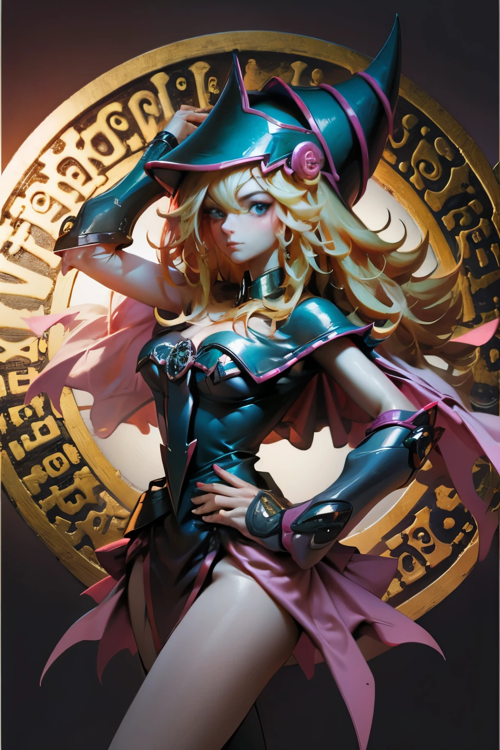 dark magician gils. Cabello rubio extra largo. Ojos verdes. magic circle background. Pose sensual y sejustiva.