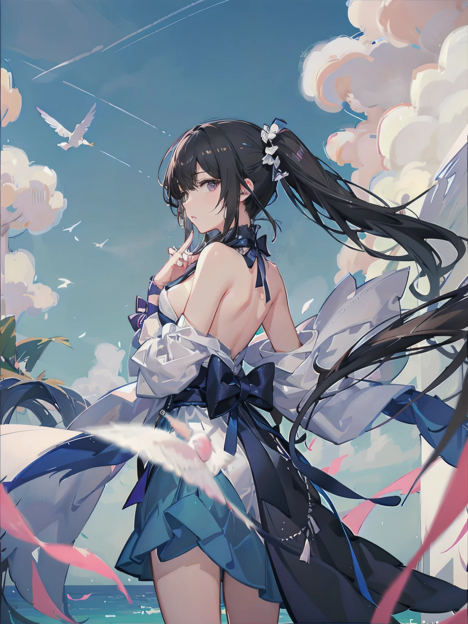 ((A very far view)) of a anime girl, (sitting in a grass field), cinematic light, slim body with curves, skin perfectly white, soft, and smooth, ((no nsfw)), Extremely delicate and beautiful CG illustration, best quality, high resolution, dynamic angle, full-length lens, (1 girl), floating, soft light, high-key lighting), glowing light, blue aura, feathers fluttering background, blue crystal, black long hair, barefoot