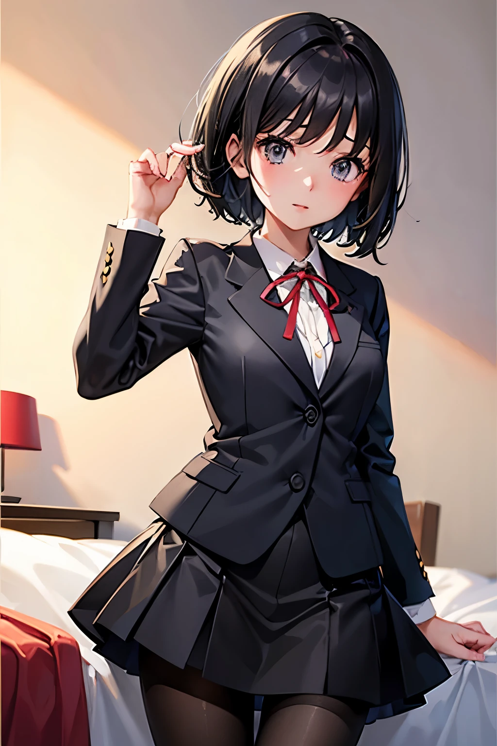 Erica、Pokémon、Black Hair、Short Hair、((pantyhose))、Photo from below、Medium chest、Bedroom、One girl、Red ribbon on head、((suit))、Pencil Skirt