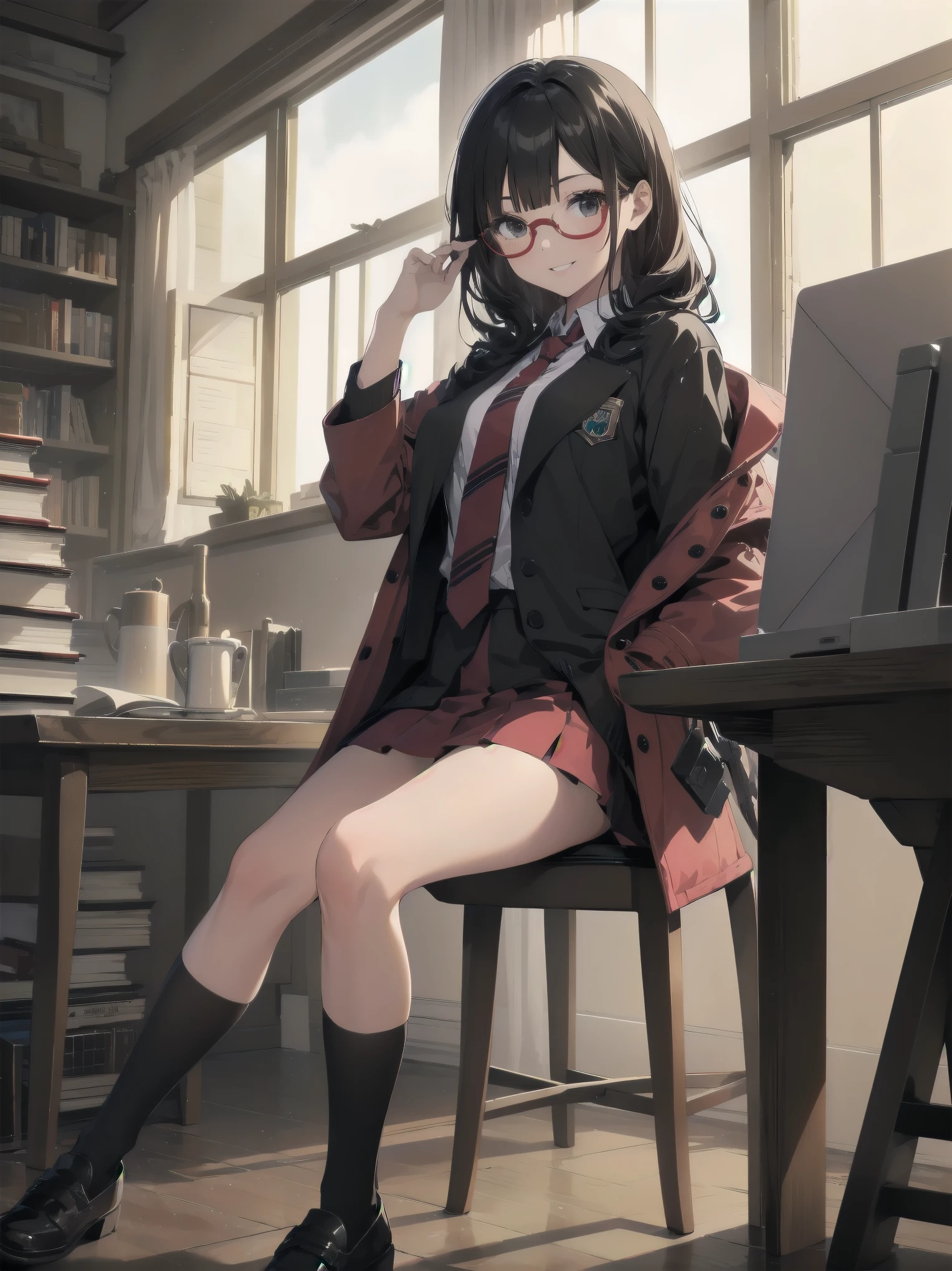 1girl, solo, looking at viewer, smile, skirt, black hair, sitting, , parted lips, necktie, glasses, socks, indoors, black eyes, coat, book, cosplay, window, red skirt, black socks, round eyewear, adjusting eyewear, hogwarts 