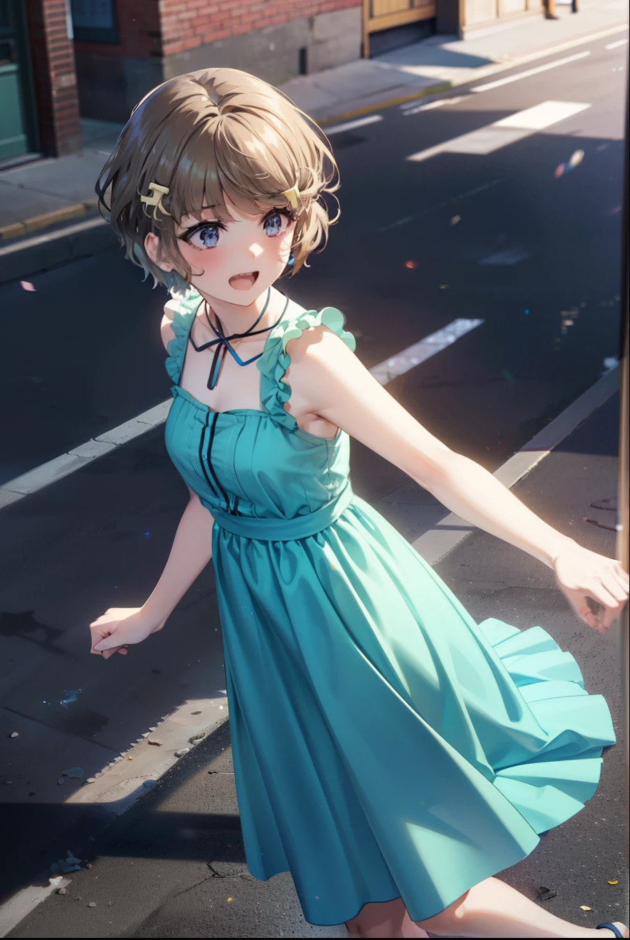 tomoekoga, Chie Koga, short hair, Brown Hair, blue eyes, Hair Clip,happy smile, smile, Open your mouth,Blue sleeveless dress,Blue long skirt,Cute Sandals,Bare arms,whole bodyがイラストに入るように,Walking,Daytime,Clear skies,
break outdoors, In town,Building district,
break looking at viewer, whole body,
break (masterpiece:1.2), highest quality, High resolution, unity 8k wallpaper, (figure:0.8), (Beautiful fine details:1.6), Highly detailed face, Perfect lighting, Highly detailed CG, (Perfect hands, Perfect Anatomy),