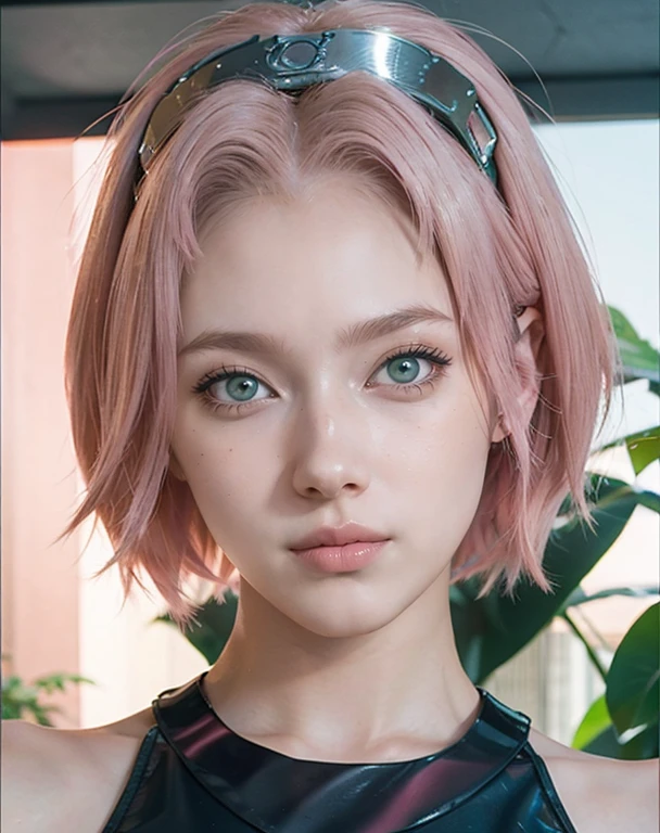 young woman, short shoulder-length pink hair, wide forehead, porcelain skin, pink eyebrows, big emerald green eyes, buttoned nose, full lips, heart-shaped face, slender body, small breasts, red tank top, Sakura Haruno , realistic, realism, details, 3d, well detailed