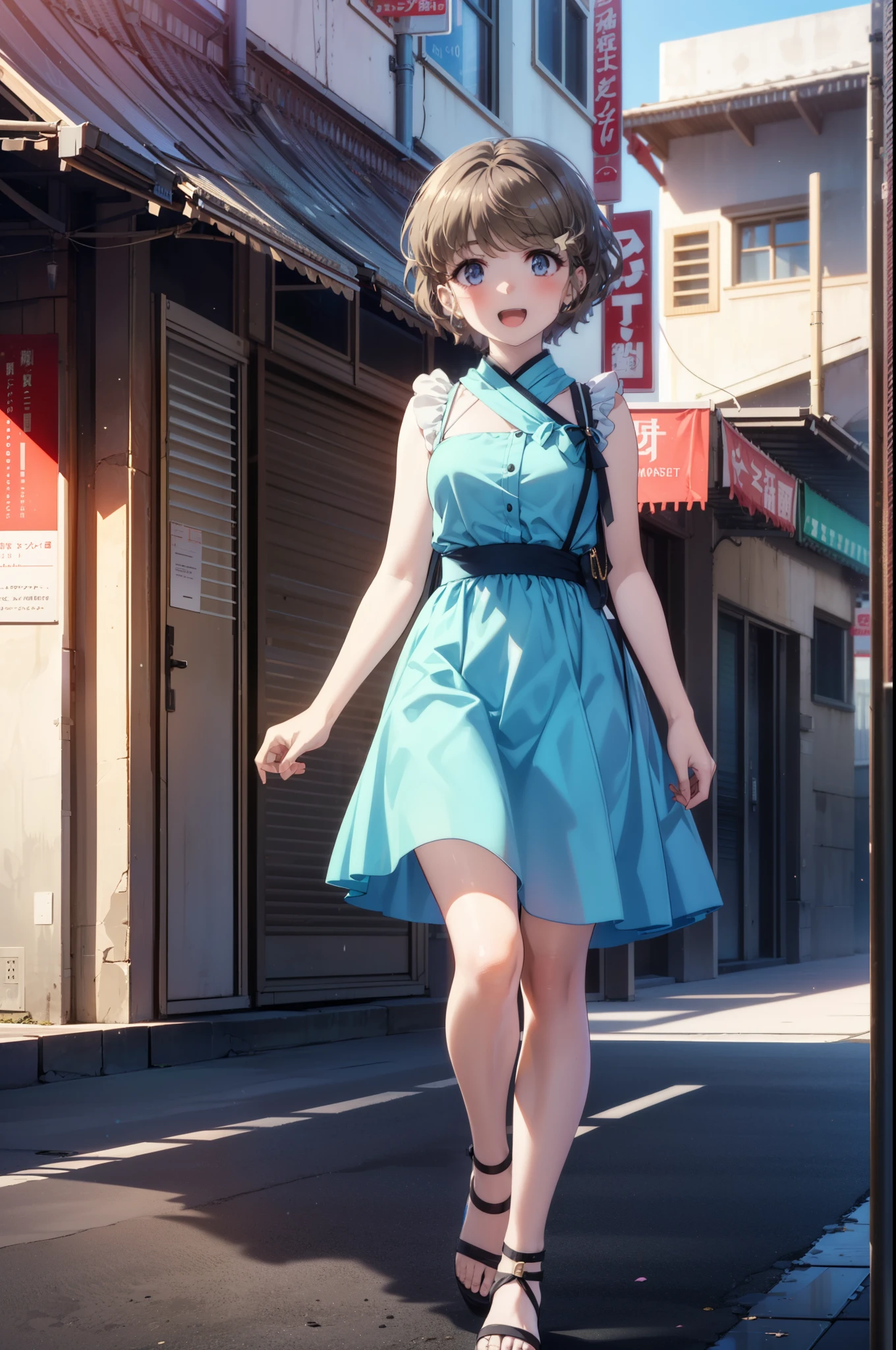 tomoekoga, Chie Koga, short hair, Brown Hair, blue eyes, Hair Clip,happy smile, smile, Open your mouth,Blue sleeveless dress,Blue long skirt,Cute Sandals,Bare arms,whole bodyがイラストに入るように,Walking,Daytime,Clear skies,
break outdoors, In town,Building district,
break looking at viewer, whole body,
break (masterpiece:1.2), highest quality, High resolution, unity 8k wallpaper, (figure:0.8), (Beautiful fine details:1.6), Highly detailed face, Perfect lighting, Highly detailed CG, (Perfect hands, Perfect Anatomy),