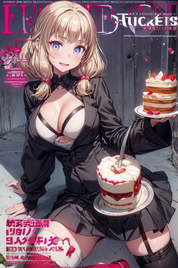 1 girl, small nose, very beautiful detailed face and eyes, bright colors, cute face, delicate beautiful face, Bright magenta eyes, cute eyes, sparkling eyes, Big eyes, (big breasts:1.3), (perky chest:1.1), (pointed chest:1.0), (cake magazine cover:1.3)，highest quality, WorKs of masters, High resolution,BlacK color hair，shiny hair, side ponytail,hair between eyes,bangs, (black jacket, real clothes, cleavage, black skirts, black thighhighs, thigh strap, fingerless gloves, single glove:1.2) , spread legs, panties shot, medium hips, glamorous body, white skin, smile, thin pubric hair, super beautiful face, Super beautiful eyes, Super beautiful hair，trendy outfit，sexy and attractive,full body esbian, Real World, Natural light,perfect Natural light,(with sparkling eyes and a contagious smile), This masterpiece is not only visually stunning but also tells, make of cake cooking , in the kitchen, open mouth, looking at viewer, 