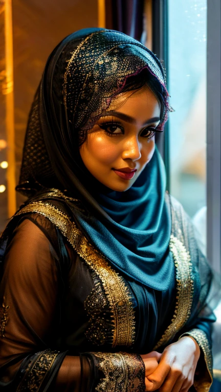 A Malay goddess in a black hijab and a gold lace veil looking out the window, night, full moon, ((ultra sharp, high quality, masterpiece)), detailed detail, close up,