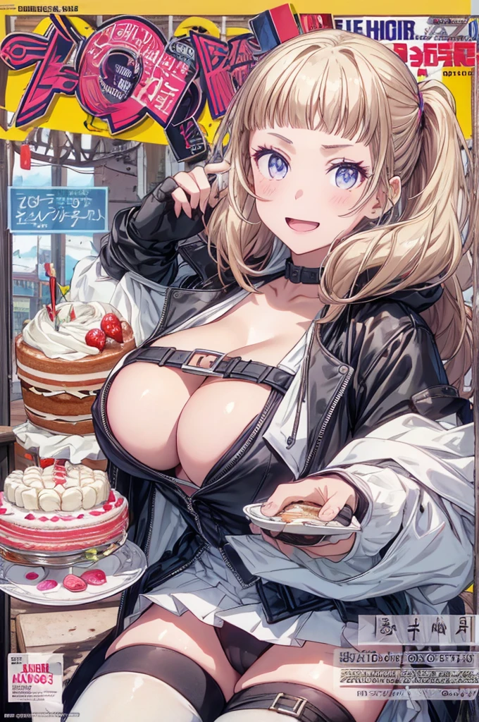 1 girl, small nose, very beautiful detailed face and eyes, bright colors, cute face, delicate beautiful face, Bright magenta eyes, cute eyes, sparkling eyes, Big eyes, (big breasts:1.3), (perky chest:1.1), (pointed chest:1.0), (cake magazine cover:1.3),highest quality, WorKs of masters, High resolution,BlacK color hair,shiny hair, side ponytail,hair between eyes,bangs, (black jacket, real clothes, cleavage, black skirts, black thighhighs, thigh strap, fingerless gloves, single glove:1.2) , spread legs, panties shot, medium hips, glamorous body, white skin, smile, thin pubric hair, super beautiful face, Super beautiful eyes, Super beautiful hair,trendy outfit,sexy and attractive,full body esbian, Real World, Natural light,perfect Natural light,(with sparkling eyes and a contagious smile), This masterpiece is not only visually stunning but also tells, make of cake cooking , in the kitchen, open mouth, looking at viewer,