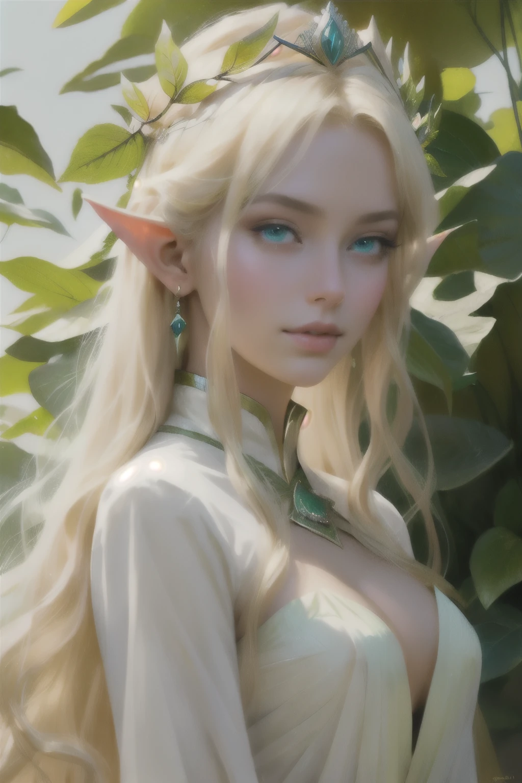 A digital painting of a beautiful blond elf with ((green eyes)) wearing a (large crown made entirely of large leaves). crown is large leaves. close up, d&d, fantasy, highly detailed, digital painting, artstation, sharp focus, fantasy art, character art, illustration, 8k, art by artgerm and greg rutkowski, (best quality)), ((masterpiece)), (detailed), perfect face