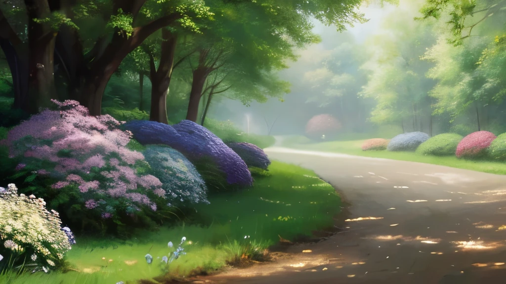 Cloudy,A forest park where hydrangeas bloom,early summer,rain,Detailed painting 4k, Beautiful Art UHD 4K, Rural landscape, Detailed landscape , Beautiful digital painting, Highly detailed digital art in 4K,  wallpaper