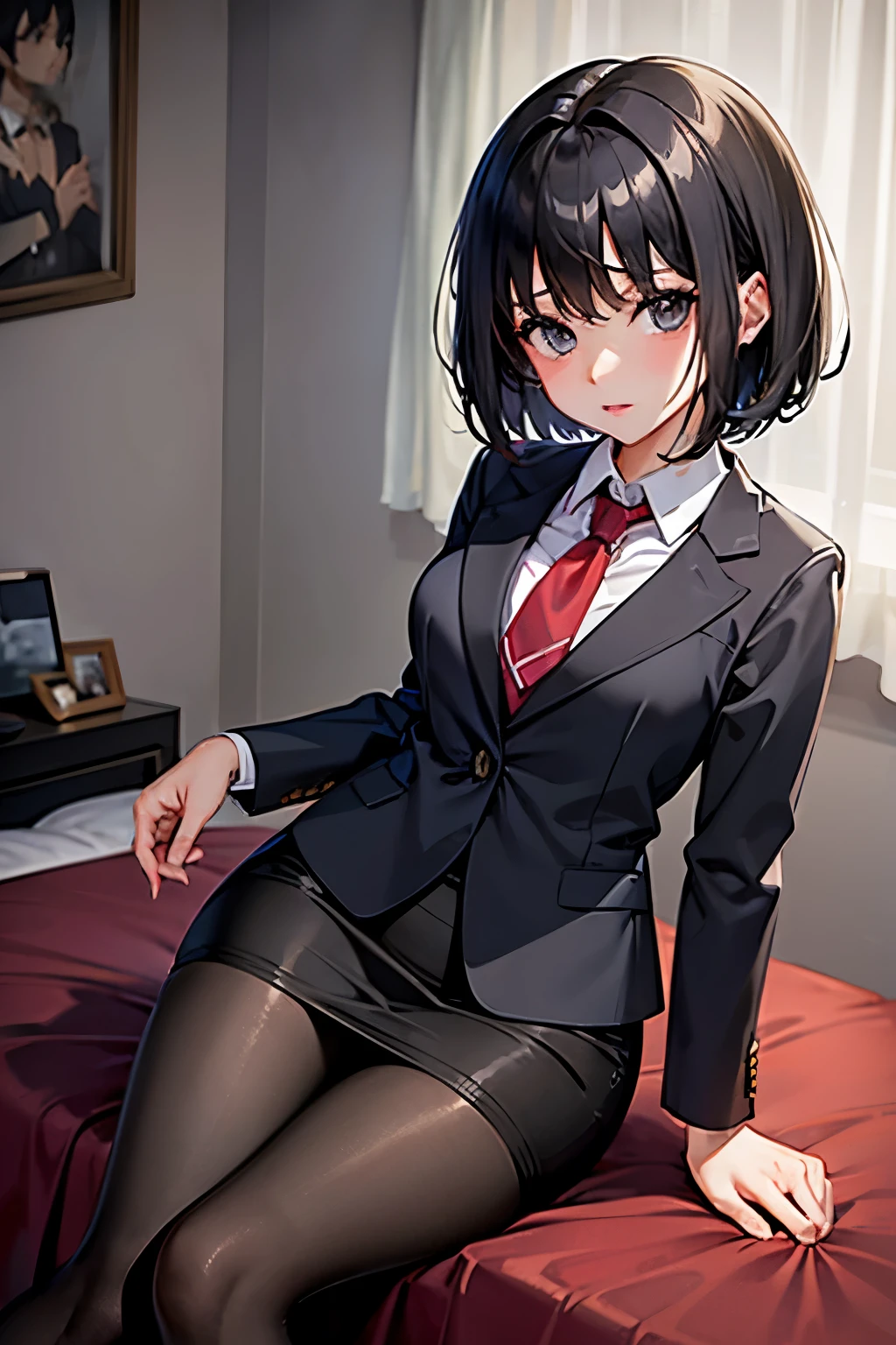 Erica、Pokémon、Black Hair、Short Hair、((pantyhose))、Photo from below、Medium chest、Bedroom、One girl、((suit))、Pencil Skirt