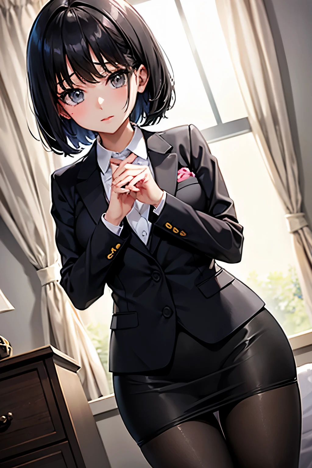 Erica、Pokémon、Black Hair、Short Hair、((pantyhose))、Photo from below、Medium chest、Bedroom、One girl、((suit))、Pencil Skirt