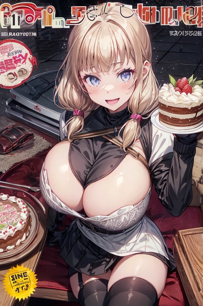 1 girl, small nose, very beautiful detailed face and eyes, bright colors, cute face, delicate beautiful face, Bright magenta eyes, cute eyes, sparkling eyes, Big eyes, (big breasts:1.3), (perky chest:1.1), (pointed chest:1.0), (cake magazine cover:1.3),highest quality, WorKs of masters, High resolution,BlacK color hair,shiny hair, side ponytail,hair between eyes,bangs, (black jacket, real clothes, cleavage, black skirts, black thighhighs, thigh strap, fingerless gloves, single glove:1.2) , spread legs, panties shot, medium hips, glamorous body, white skin, smile, thin pubric hair, super beautiful face, Super beautiful eyes, Super beautiful hair,trendy outfit,sexy and attractive,full body esbian, Real World, Natural light,perfect Natural light,(with sparkling eyes and a contagious smile), This masterpiece is not only visually stunning but also tells, make of cake cooking , in the kitchen, open mouth, looking at viewer,