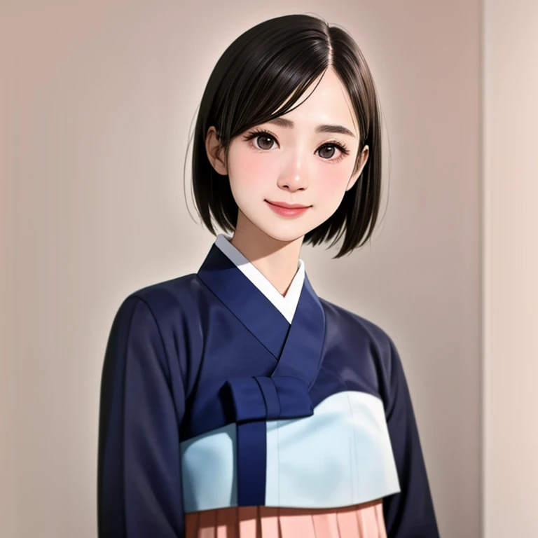 (kawaii 24 year-old Japanese girl, Nogizaka idol, Korean idol), glossy brown hair, (very short hair:1.2), beautiful black eyes, rounded face, narrow shoulders, single eyelid, (no makeup:1.2), grin, (hanbok, Korean traditional cloth), extra small breasts, BREAK, (simple white background:1.2), (view from forward, bust shot, upper body shot, id photo:1.2), BREAK, (masterpiece, best quality, photo realistic, official art:1.4), (UHD, 8K quality wallpaper, high resolution, raw photo, golden ratio:1.3), (shiny skin), professional lighting, physically based rendering, award winning, (highly detailed skin texture, extremely detailed face and eyes textures), Carl Zeiss 85 mm F/1.4, depth of field, (1girl, solo),