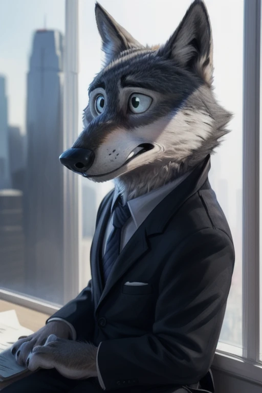 cute cartoon of (gary \(zootopia\)) wearing a (black elegant suit with tie), alone, wolf, gray fur, BREAK, sitting at office desk and behind him view of a city through the window (complex, great detail, cinema photography, soft focus, candid cinema RAW, photorealism, realistic, photorealistic, analog style, subsurface scattering, masterpiece, best quality, ultra realistic, 8k),