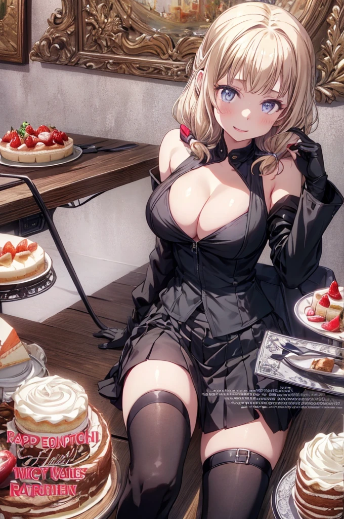1 girl, small nose, very beautiful detailed face and eyes, bright colors, cute face, delicate beautiful face, Bright magenta eyes, cute eyes, sparkling eyes, Big eyes, (big breasts:1.3), (perky chest:1.1), (pointed chest:1.0), (cake magazine cover:1.3),highest quality, WorKs of masters, High resolution,BlacK color hair,shiny hair, side ponytail,hair between eyes,bangs, (black jacket, real clothes, cleavage, black skirts, black thighhighs, thigh strap, fingerless gloves, single glove:1.2) , spread legs, panties shot, medium hips, glamorous body, white skin, smile, thin pubric hair, super beautiful face, Super beautiful eyes, Super beautiful hair,trendy outfit,sexy and attractive,full body esbian, Real World, Natural light,perfect Natural light,(with sparkling eyes and a contagious smile), This masterpiece is not only visually stunning but also tells, make of cake cooking , in the kitchen, open mouth, looking at viewer,