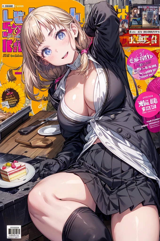 1 girl, small nose, very beautiful detailed face and eyes, bright colors, cute face, delicate beautiful face, Bright magenta eyes, cute eyes, sparkling eyes, Big eyes, (big breasts:1.3), (perky chest:1.1), (pointed chest:1.0), (cake magazine cover:1.3),highest quality, WorKs of masters, High resolution,BlacK color hair,shiny hair, side ponytail,hair between eyes,bangs, (black jacket, real clothes, cleavage, black skirts, black thighhighs, thigh strap, fingerless gloves, single glove:1.2) , spread legs, panties shot, medium hips, glamorous body, white skin, smile, thin pubric hair, super beautiful face, Super beautiful eyes, Super beautiful hair,trendy outfit,sexy and attractive,full body esbian, Real World, Natural light,perfect Natural light,(with sparkling eyes and a contagious smile), This masterpiece is not only visually stunning but also tells, make of cake cooking , in the kitchen, open mouth, looking at viewer,