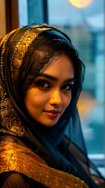 A Malay goddess in a black hijab and a gold lace veil, looking out of the window, night, full moon, ((ultra sharp, high quality, masterpiece)), detailed detail, close up,