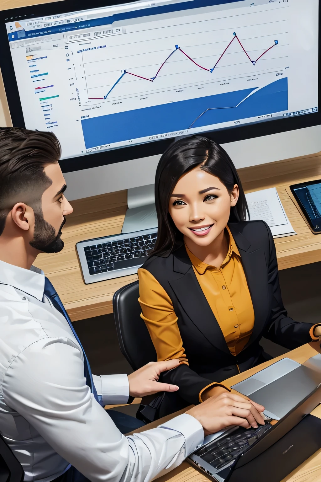 A man and a woman sit at a desk in a modern environment, with a laptop and several growth and income graphs in the background. They are happy and discussing strategies, representing success in affiliate marketing. On a laptop screen, one can see an affiliate program interface showing financial earnings