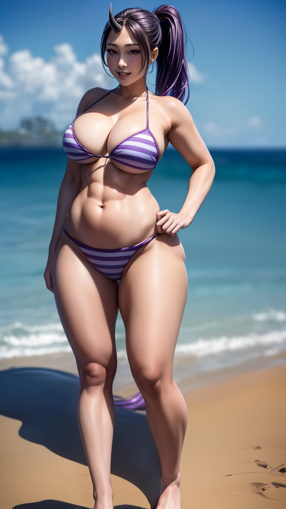 best quality, masterpiece, 1girl, (solo:1.1), raytracing, ultra detailed,detailed face, 8k wallpaper, (large breasts, thick thigh, curvy hips, small waist:1.3), smile, ShionTensuraNDV, long hair, ponytail, ((single horn)), oni, purple hair, purple eyes, breasts, looking back, bikini, striped bikini, beach, muscular body