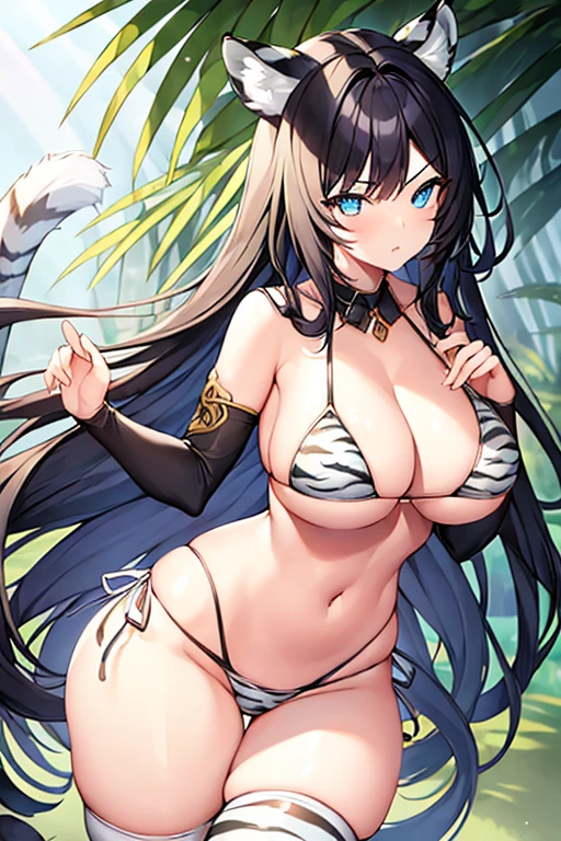 1girl, black hair, long hair, blueeyes, tiger print, white tiger print, white tiger, tiger ears, tiger tail, large breasts, thick thighs, wide hips, tall, tall female, toned, athletic female, bikini, highleg, string bikini, thighhighs, woods, forest, serious