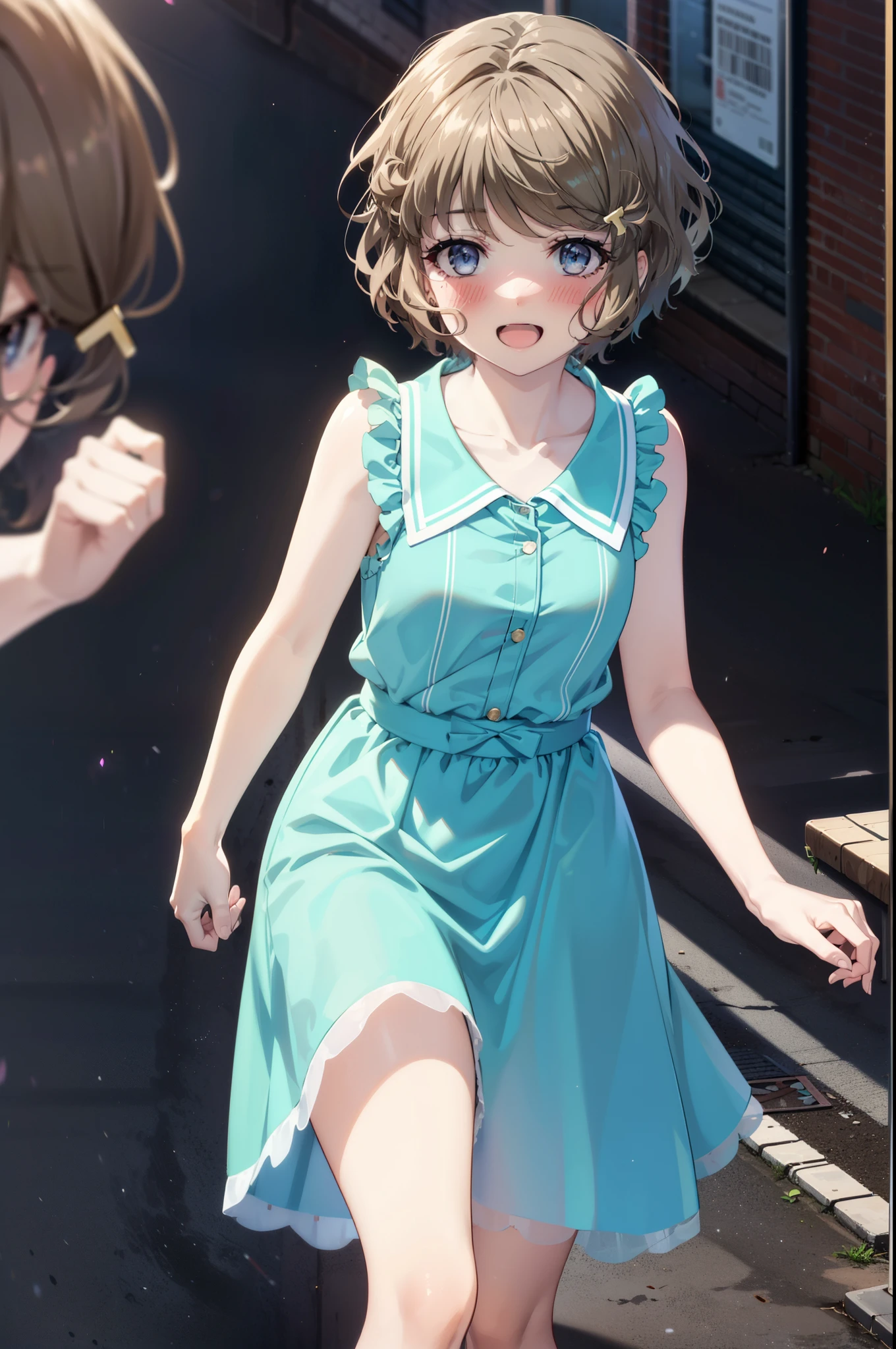 tomoekoga, Chie Koga, short hair, Brown Hair, blue eyes, Hair Clip,happy smile, smile, Open your mouth,Blue sleeveless dress,Blue long skirt,Cute Sandals,Bare arms,whole bodyがイラストに入るように,Walking,Daytime,Clear skies,
break outdoors, In town,Building district,
break looking at viewer, whole body,
break (masterpiece:1.2), highest quality, High resolution, unity 8k wallpaper, (figure:0.8), (Beautiful fine details:1.6), Highly detailed face, Perfect lighting, Highly detailed CG, (Perfect hands, Perfect Anatomy),