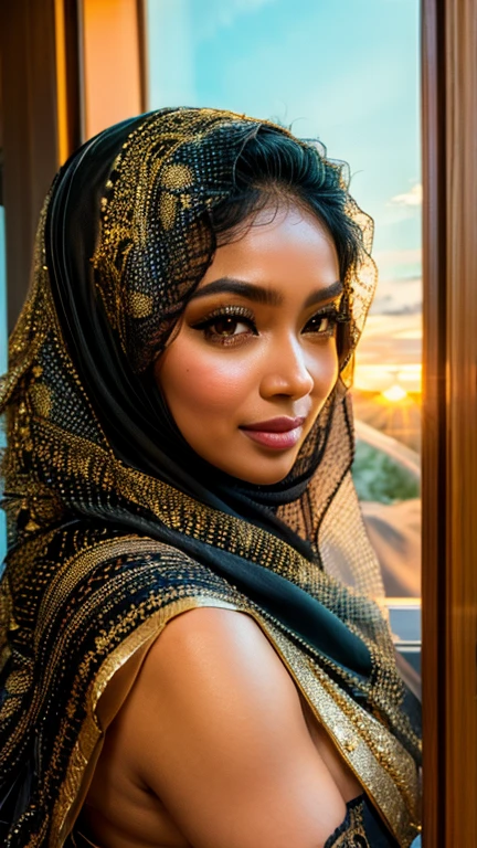 A Malay goddess in a black hijab and a gold lace veil, looking out of the window, bright day, sunrise, ((ultra sharp, high quality, masterpiece)), detailed detail, close up,