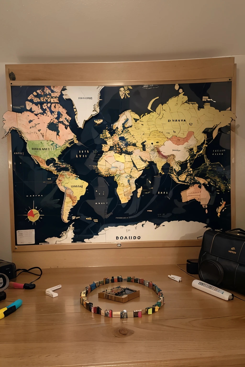 A colorful world map, with pins, ,or markers, indicating various famous travel destinations.