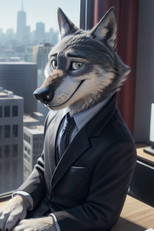 cute cartoon of (gary \(zootopia\)) wearing a (black elegant suit with tie), alone, wolf, gray fur, smile, BREAK, sitting at office desk and behind him view of a city through the window (complex , high detail, cinema photography, soft focus, candid cinema RAW, photorealism, realistic, photorealistic, analog style, subsurface scattering, masterpiece, best quality, ultra realistic, 8k),