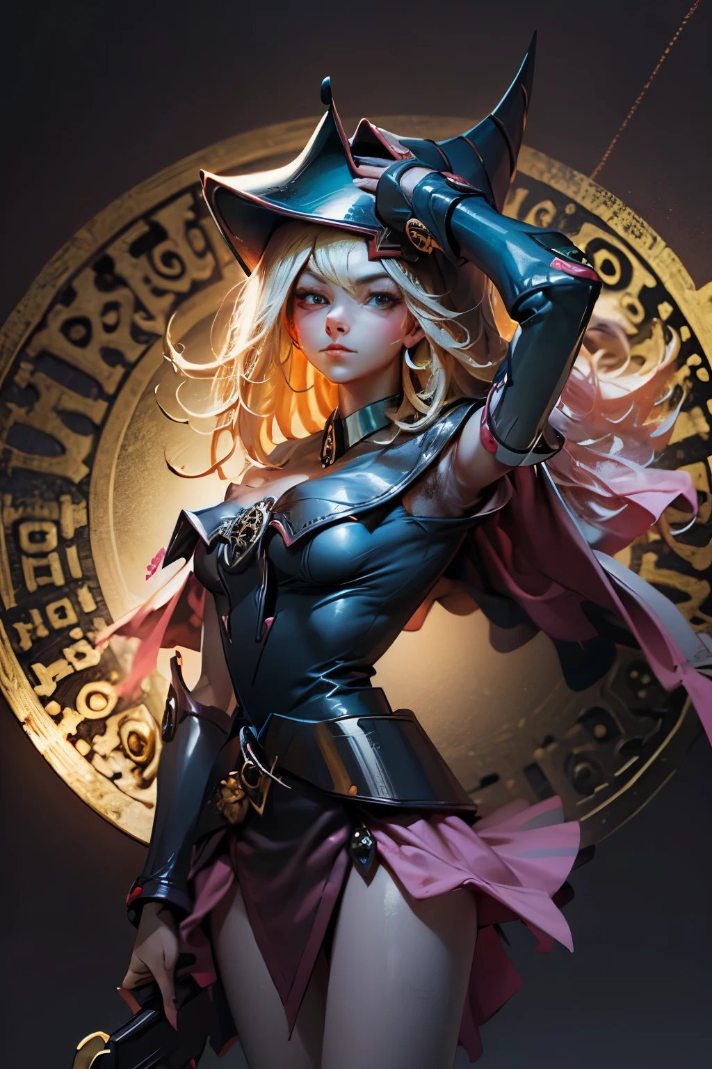 dark magician gils. Cabello rubio extra largo. Ojos verdes. magic circle background. Pose sensual y sejustiva.