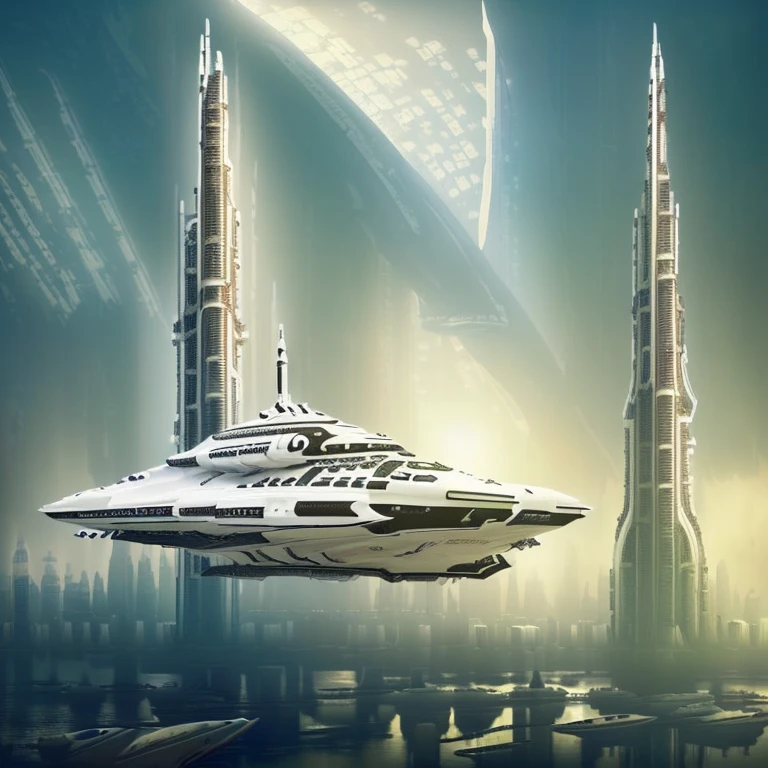 
masterpiece, Best Quality, Photo-realistic, RAW data, Ultra-detailed, High resolution, professional bright lighting, (spaceship of ivory color, luxury liner of space ship, :1.5) (spaceship floating on a future city, skyscraper, :1.8) future, SF, fantasy, super civilization, alien civilization, square frame, outer limit of human imagination, for music album jacket, 