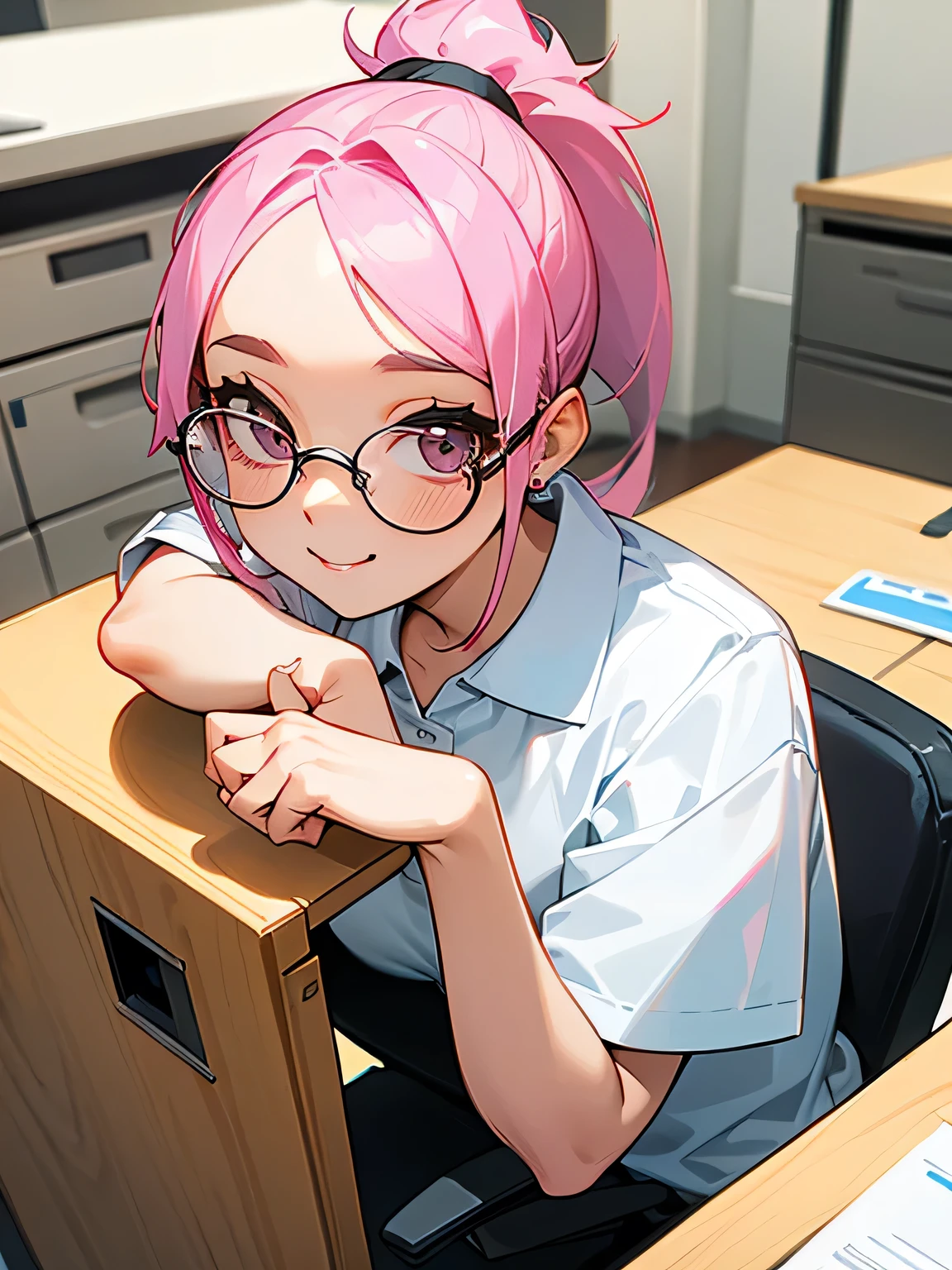 solo, upperbody, looking at viewer, cute face,pink ponytail:1.2, parted bangs:0.6, glasses, eyelash, office worker's polo shirt, staff identity card,office, desk work, filing cabinet, big smile,