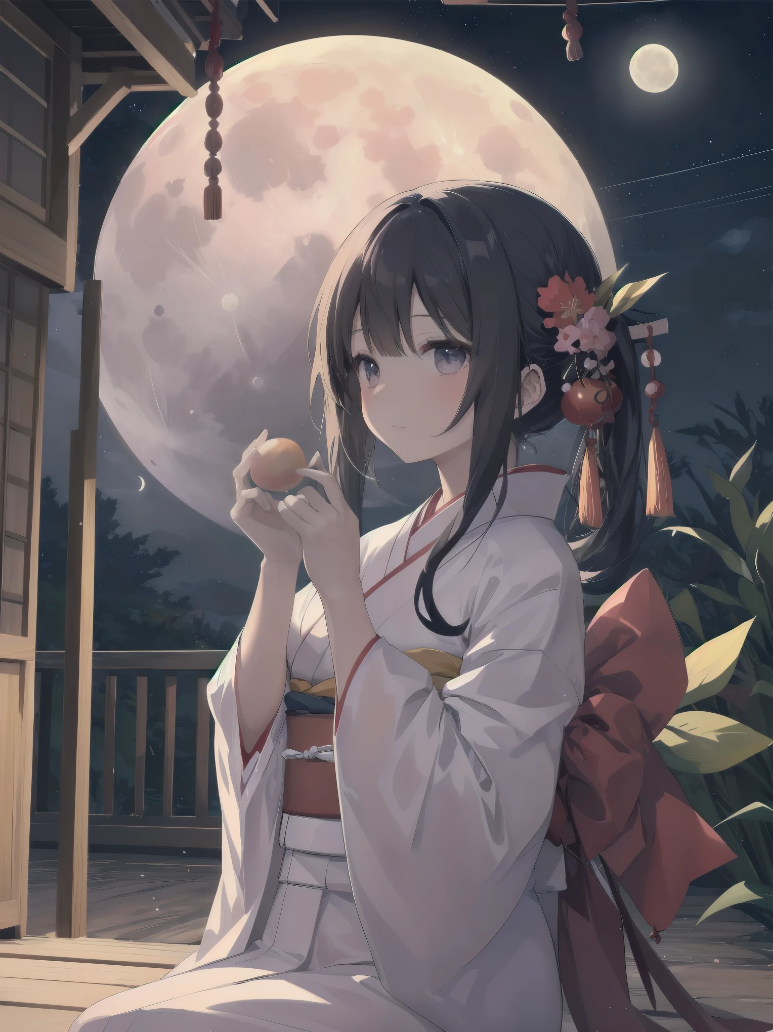 (full moon and girl, kimono, tsukimi dango, looking at the moon on the porch)
As the full moon twinkles in the night sky, a young girl in kimono sits on the porch, quietly looking up at the moon while holding a tsukimi dango in her hand. The shades of her kimono reflect the moonlight, making her even more beautiful in the quiet night. The full moon is large in her eyes and the silence of the night is pleasant. The bamboo grove in the garden rustles in the wind, and a peaceful moment flows through her mind.