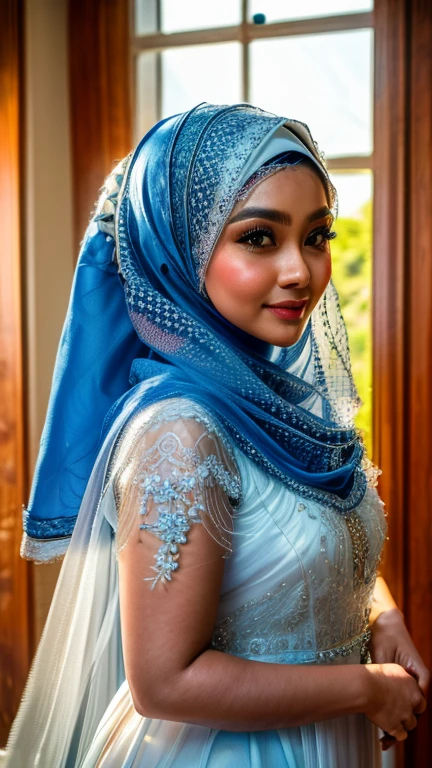 A Malay goddess in a white bridal hijab and a blue lace veil, looking out of the window, bright day, sunrise, ((ultra sharp, high quality, masterpiece)), detailed detail, close up, pay attention to the detail of hijab,
