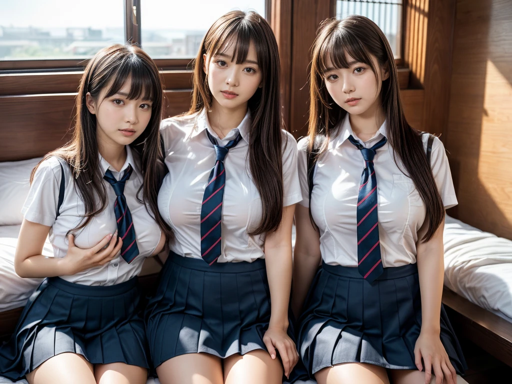 (RAW photo, 4k, masterpiece, high resolution, extremely complex) (realistic: 1.4), cinematic lighting
 ((2 girls, 2 schoolgirls)),Slam Dunk's,blushing,((innocent)),(Dark makeup),bright eyes,round eyes,blunt bangs,(straight hair:1.3),black hair,large breasts,wide hips,Summer Noon, 20 year old girl、cute type、lolita,Hot, (Best Quality), (Highres), (an Extremely Delicate and Beautiful),(Beautiful 8k face),(Brown eyes),short bob hair,( spectators),(gigantic breasts),(Play with each other,Touching each other's bodies,Touching the body),(Japanese high school uniform:1.3),blue skirt,(reality),bright lighting,(The background is a luxury hotel room)