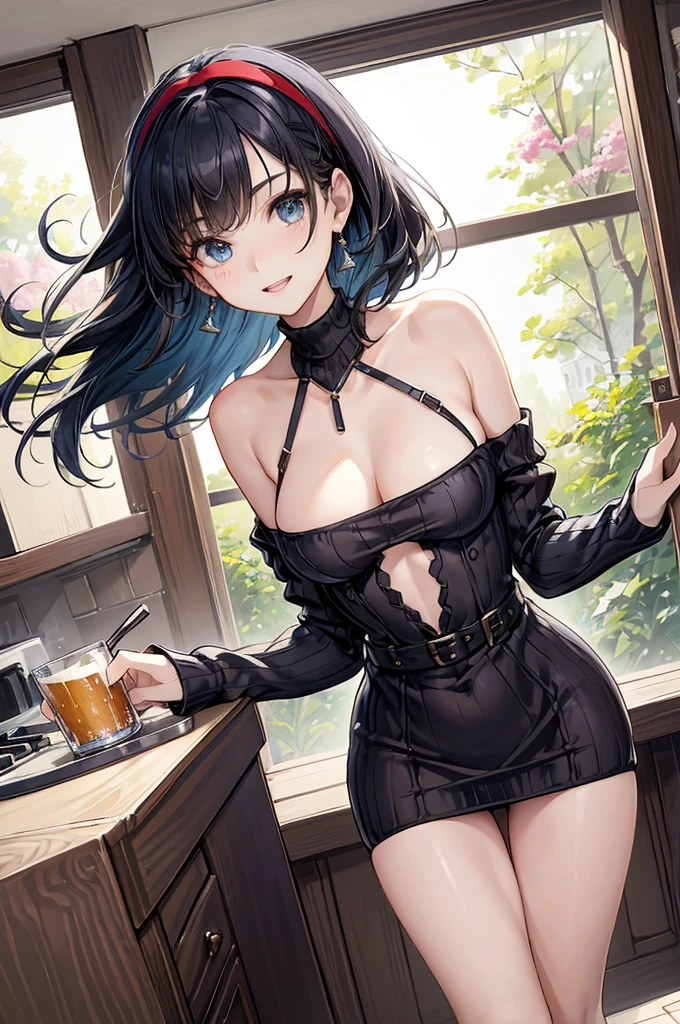 (dynamic angle:1.3, front view:1.1, breast focus:1.3, from below:1.2), (dynamic posing:1.5, sexy posing:1.3, leaning forward), (seductive smiling:1.3),masterpiece, 1girl, (pointed chest:1.3), cleavage:1.1,(double breasted:1.2,under bust:1.2), Amazing Cleavage:1.3, thin waist, big ass, Raised sexy, small breast: 1.2 posed cleavage:1.2、solo, looking at viewer, open mouth, have a grass of beergrass,black hair, blue eyes, bare shoulders, jewelry, collarbone, sidelocks, hairband, earrings, indoors, (red off shoulder sweater dress:1.3), arms behind back, short hair with long locks, blue white hairband, big side hair, very long side hair is rendered in (masterpiece: 1.2, best quality), with (ultra high resolution) and an exquisite (depth of field). This masterpiece is not only visually stunning but also tells,A scene of cooking in the kitchen