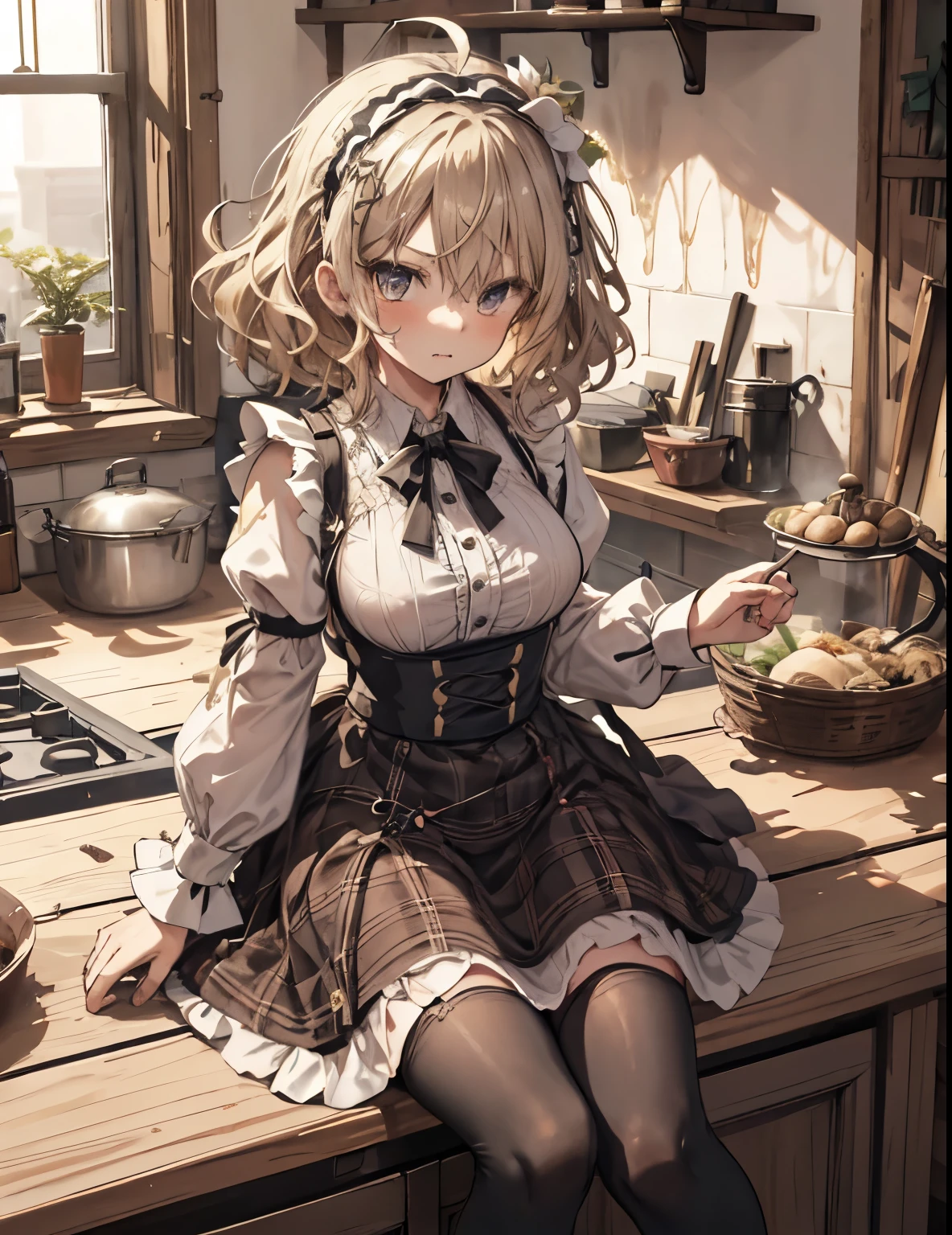 masterpiece, 1girl, sparrow, a blonde haired girl, wearing a maid clothes, curly short hair, messy hair, slim body, he close her left eye, shirt ornament, ruby eyes, ahoge, , bige breast, beautiful breasts, rounded breasts, long sleeves, beautiful eyes, white stocking, droopy eyes, skirt, black skirt, plaid skirt, her age is 19 years old, mini skirt, skirt, nagisa_bluearchive, angry face, medium hair, angry face, curly hair, maid headband, kitchen