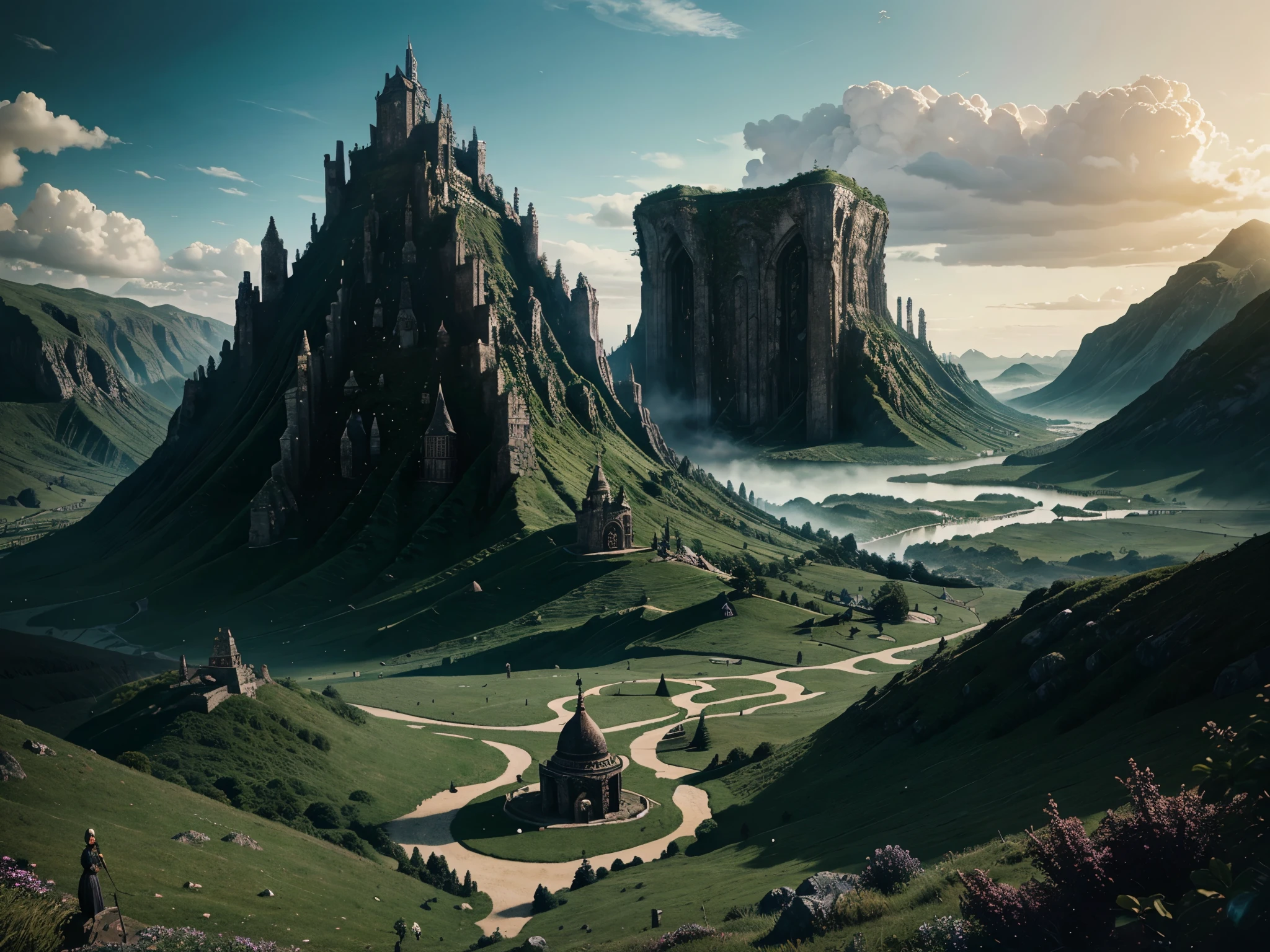 A landscape of a fantastic world with fantasy elements, terror e surrealismo em um estilo ilustrado