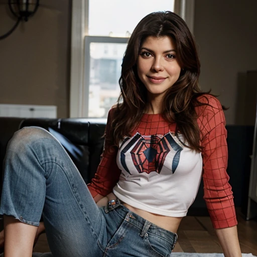 Marisa Tomei dressed in spiderman top and jeans and smiling