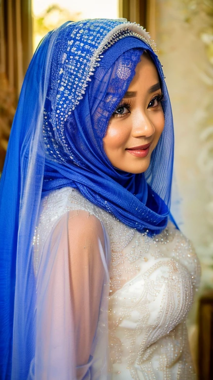 A Malay goddess in a white bridal hijab and a blue lace veil, looking out of the window, bright day, sunrise, ((ultra sharp, high quality, masterpiece)), detailed detail, close up, pay attention to the detail of hijab,